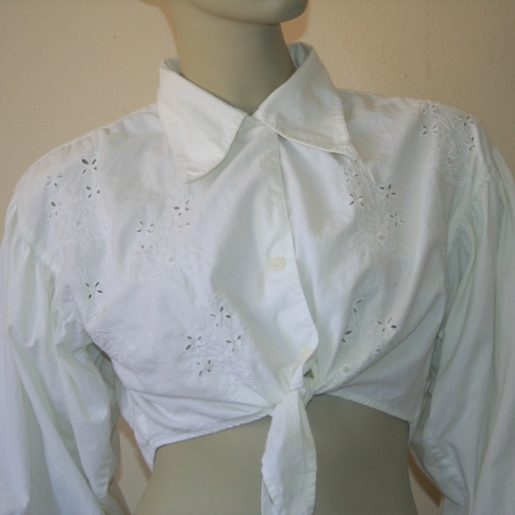 Vintage Tops - Vintage Boho White Cotton Tie Up Blouse Poufy Slvs
